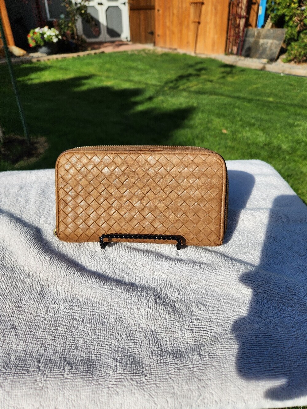 Authentic Bottega Veneta Woven Zip-Around Wallet in Taupe
